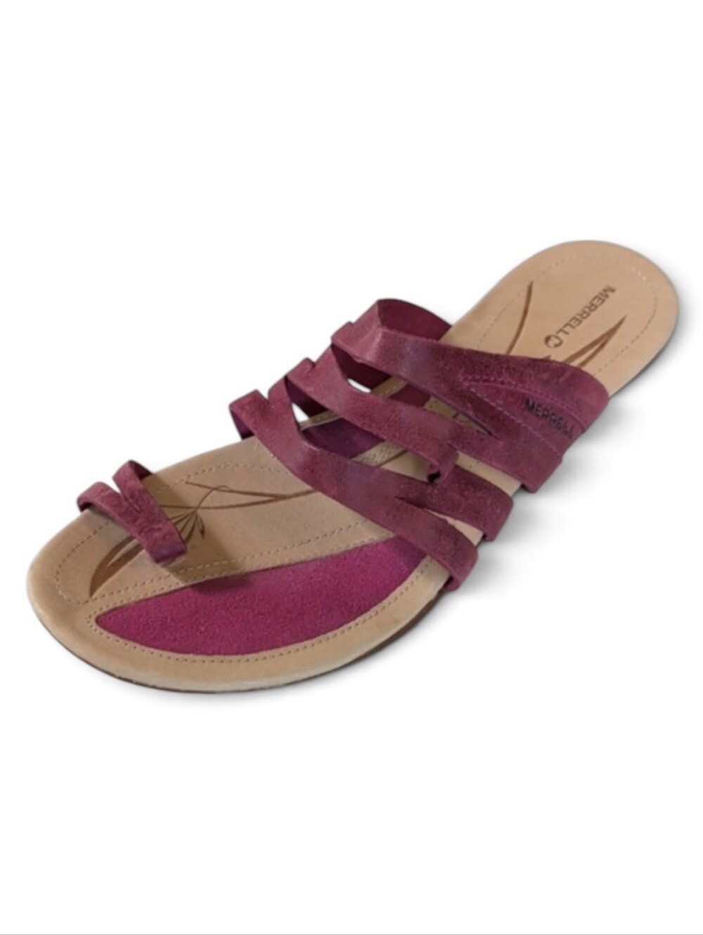 Merrell, Beet Red "Solstice Slice" Toe Loop Slide Leather Sandal. Sz 8